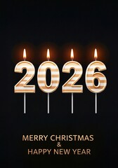 happy new year, 2026 Happy New Year greeting card vector background. 2026 candle beige numbers with fire on black. Festive sparkle holiday postcard, invitation, banner for social media.