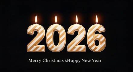 happy new year, 2026 Happy New Year greeting card vector background. 2026 candle beige numbers with fire on black. Festive sparkle holiday postcard, invitation, banner for social media.