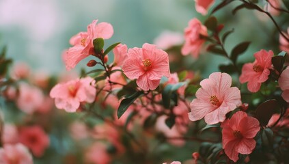 Obraz premium Blurry Pink Flowers Captured with Kodak Portra Film on Analog Camera Against a Light Green Background, Evoking Vintage Natural Beauty and Nostalgic Simplicity