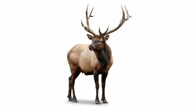 A regal elk stands against a stark white background, displaying impressive antlers
