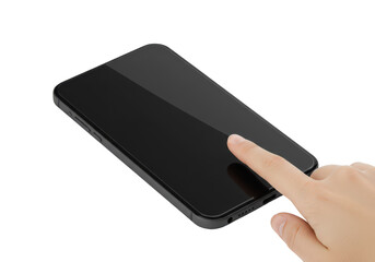 User Touching Black Smartphone Screen with Finger in Modern Digital Interaction