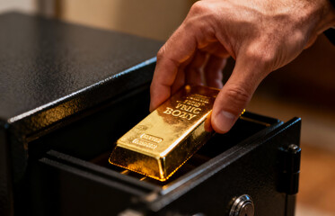A hand places a shining gold bar into a secure personal safe, symbolizing wealth preservation, astute financial investment, and the importance of safeguarding valuable assets for future prosperity