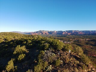 Scenic Aerial Drone Photo of Sedona Red Rocks and Desert Landscape at Sunrise