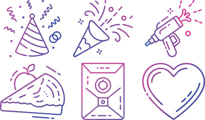 Vector art of collection of party and celebration icons including a party hat, confetti, cake, and heart