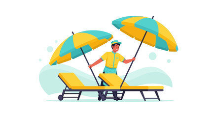 Fototapeta premium Beach Attendant Arranging Sunny Chaise Lounges With Umbrellas For Ultimate Relaxation