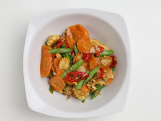 Stir fry vegetables in white bowl