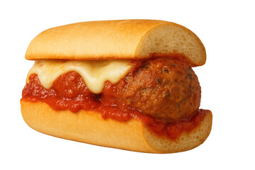 Meatball sub sandwich with marinara sauce and melted cheese on a white bread roll, a classic italian comfort food