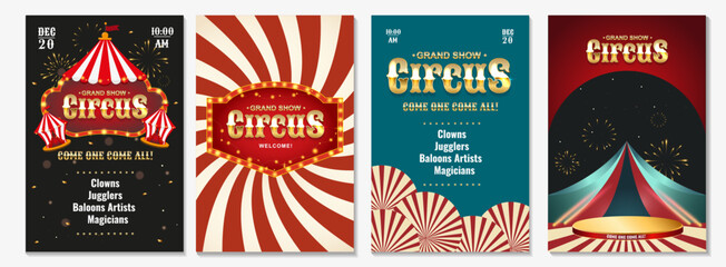 A set of vector posters for a circus performance. Vintage style, bright elements, and information about the show. Perfect for announcing the performance! © Uliya