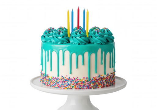 Teal drip cake with colorful sprinkles and candles isolated on a transparent background