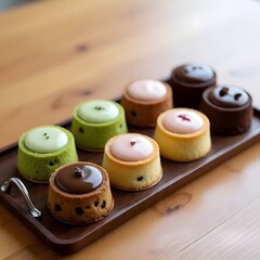 colorful mini cakes (Tigre cakes / tiger cakes) neatly arranged in two rows on a dark rectangular wooden serving tray with metal handles
