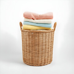 Wicker Laundry Basket Filled with Clean Folded Towels and Soft Textiles isolated on white background