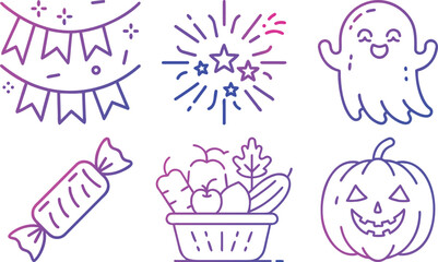 Vector art of set of halloween and autumn icons with gradient, including bunting, fireworks, ghost, candy, harvest basket, and pumpkin