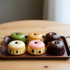colorful mini cakes (Tigre cakes / tiger cakes) neatly arranged in two rows on a dark rectangular wooden serving tray with metal handles