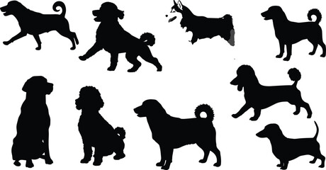 Dog breed silhouettes vector collection, black domestic pet animals standing and sitting illustration, playful dogs outline shapes isolated on white background for design and decoration