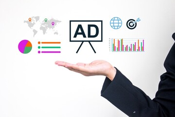 Ad report in business concepts for marketing analysis, performance metrics, and data review themes. This graphic illustrates the process of evaluating advertising results and campaign effectiveness.