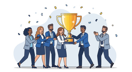 Team Celebrating Success, Award Ceremony with Confetti and Golden Trophy Winner Receiving.