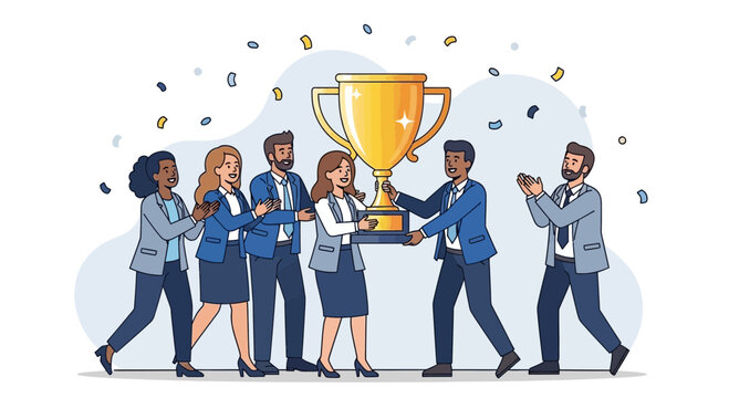 Team Celebrating Success, Award Ceremony with Confetti and Golden Trophy Winner Receiving.