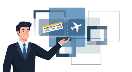 Businessman Presenting Travel Concept With Airplane Ticket And Flight Icon In Minimalist Style
