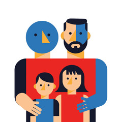 Stylized Family Illustration with Bold Geometric Shapes and Vibrant Colors in Red Blue Black and Peach on Clean White Background