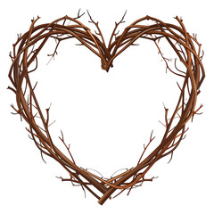 Rustic Heart Shaped Twig Frame on White Background for Valentine's Day Decoration or Nature Inspired Design Element