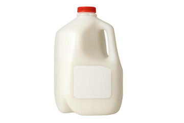 White plastic gallon jug with blank label and red cap, containing milk, on transparent background