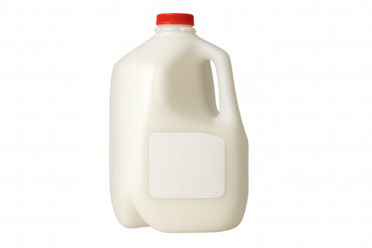 White plastic gallon jug with blank label and red cap, containing milk, on transparent background