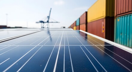 Solar panels and shipping containers at a port