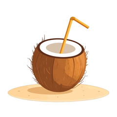 Pixel Art Style Coconut Drink with Straw on Sand Simple Beach Vacation Illustration Brown Coconut and Beige Sand Against White Background