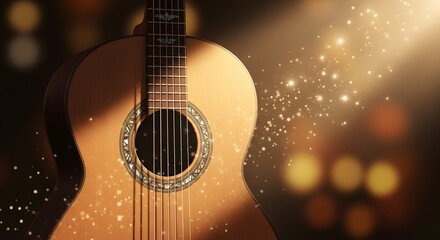 Naklejka premium Acoustic guitar with a warm, golden light shining on it, creating a magical, sparkling atmosphere.