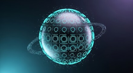 Futuristic glowing sphere with digital patterns and orbiting particles design