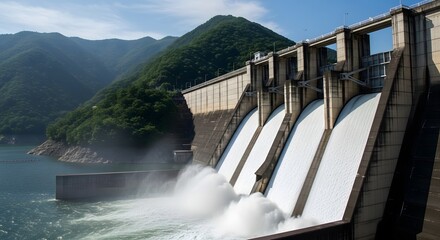 Massive concrete dam with water cascading over spillways into a lake