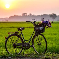 Naklejka premium A bicycle with a basket of flowers sits in a green field at sunset, the sun glowing. The background is a blurry landscape