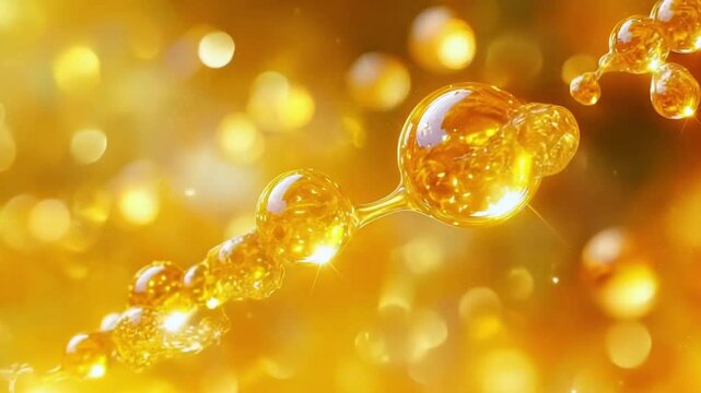 Abstract Golden Molecular Chain Structure in Bokeh Light. Concept of Chemistry Scientific Research Skincare Serum Oil Essence or Nutritional Supplement.