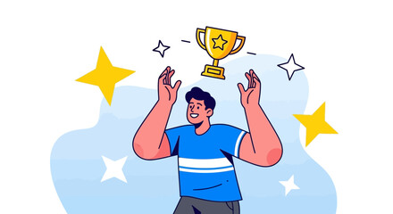 Celebrating Achievement: A Joyful Man Catching a Trophy, Winning and Success Concept