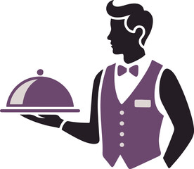Elegant waiter carrying a tray isolated on white background in purple