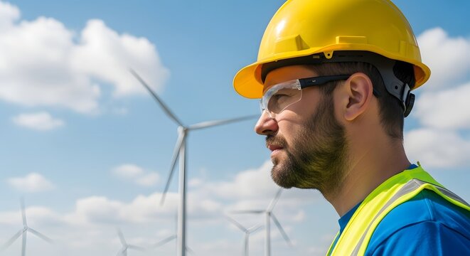 Wind turbine technician in yellow hard hat and safety vest