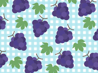 紫色のぶどうと葉の可愛いチェック柄背景パターン