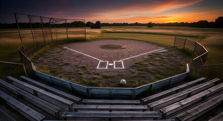 Fototapeta premium Empty Baseball Field at Sunset with Cracked Dirt and Overgrown Grass