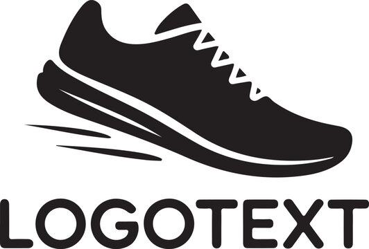 Black running shoe with motion lines isolated on white background with logotext below