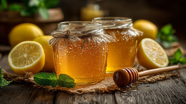 Honey jar with lemon and mint leaves on wooden table