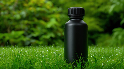 Clean water theme for environmental ads with black plastic bottle on green grass and nature background showing freshness and eco awareness