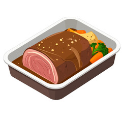 Isometric Brown Tray with Roast Beef Gravy and Vegetables Including Potatoes Carrots and Broccoli Pixel Art Against a White Background