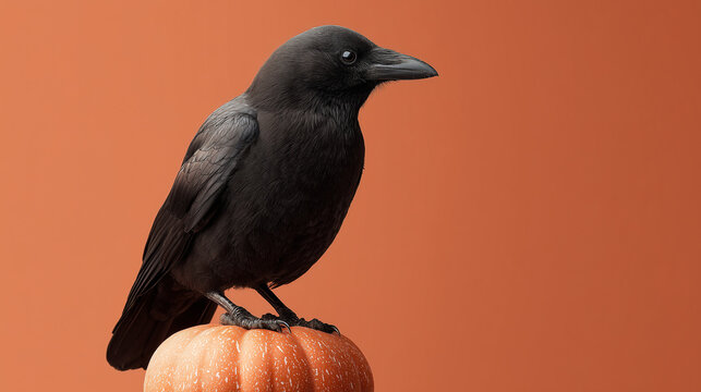 Scary black crow with pumpkin isolated on bright backdrop