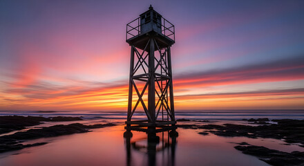 Lighthouse Silhouette During Vibrant Sunset Over Ocean with Rocky Shore