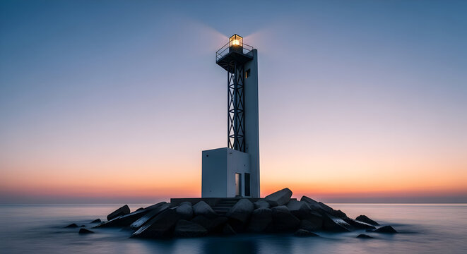 Lighthouse on Rocky Shore at Sunset with Calm Water and Vibrant Sky