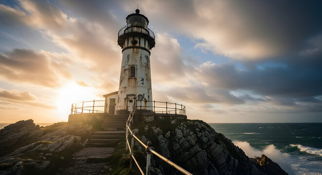 Lighthouse on Rocky Coast at Sunset with Dramatic Sky and Ocean View