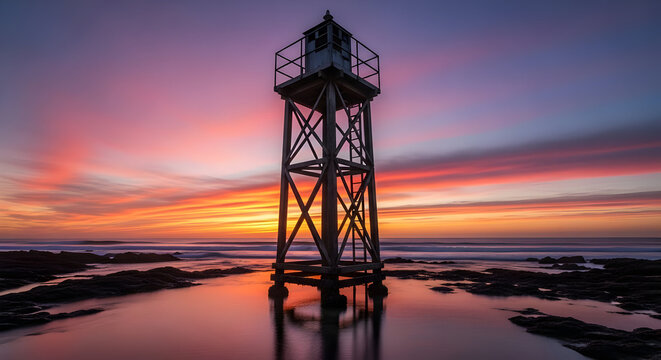 Lighthouse on Rocky Shoreline at Sunset with Colorful Sky and Calm Water - Powered by Adobe