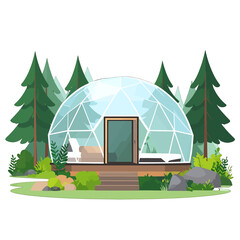 Geodesic Dome Structure with Pixel Art Style Surrounded by Coniferous Trees and Vegetation in Serene Green Landscape Illustration