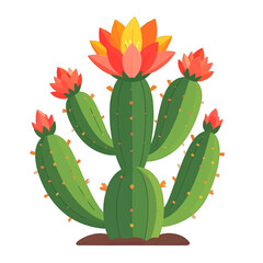 Isolated Cactus Illustration with Orange Flowers and Green Stems on White Background in Digital Art Style for Botanical Designs and Desert Flora Concepts