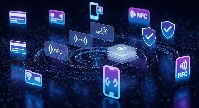 Contactless payment technology concept with nfc icons and credit cards